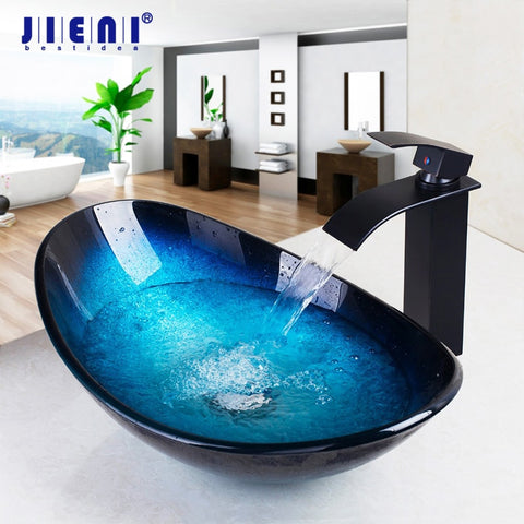 New Money JIENI Tempered Glass Hand Painted Waterfall Spout Basin Black Tap Bathroom Sink Washbasin Bath Brass Set Faucet Mixer Taps Blue