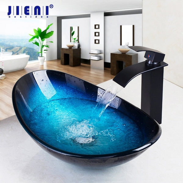 New Money JIENI Tempered Glass Hand Painted Waterfall Spout Basin Black Tap Bathroom Sink Washbasin Bath Brass Set Faucet Mixer Taps Blue